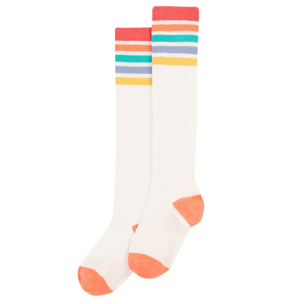 Frugi Organic Hygge Rib High Knee Socks - Soft White Rainbow