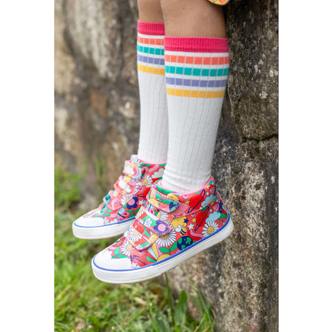 Frugi Organic Hygge Rib High Knee Socks - Soft White Rainbow