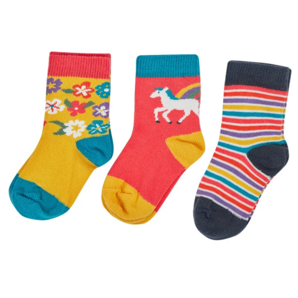 Frugi Organic Little Socks 3 Pack - Pegasus Rainbow Flowers - Baby goes Retro