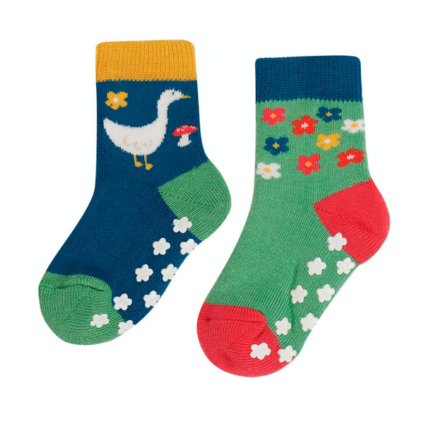 Frugi Organic Grippy Socks - Fjord Green/Geese - Baby goes Retro